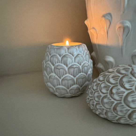 Off White rustic glazed Ceramic Pinecone T-light Holder 10cm