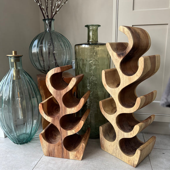 Makasi Teak unique small statement pieces;
Tall Teak Wine Rack, holds 6 bottles H51cm