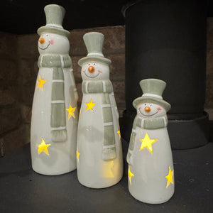 Ceramic White & Green LED Snowmen - 3 sizes