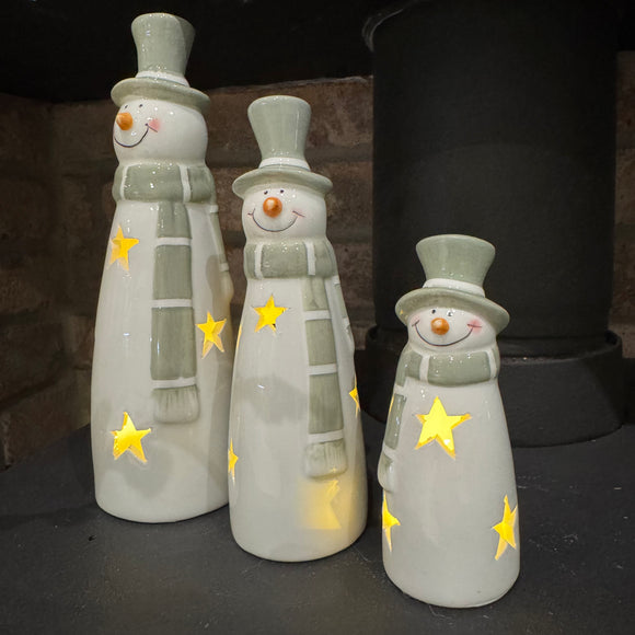 Ceramic White & Green LED Snowmen - 3 sizes