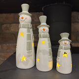 Ceramic White & Green LED Snowmen - 3 sizes