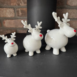 Glazed Ceramic White Fat Reindeer with a Red nose
Available in 3 sizes - Small 7.5cm, Medium 12cm&nbsp; &amp; Large 14cm&nbsp;