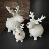 Ceramic White Fat Reindeer with Red nose - 3 Sizes