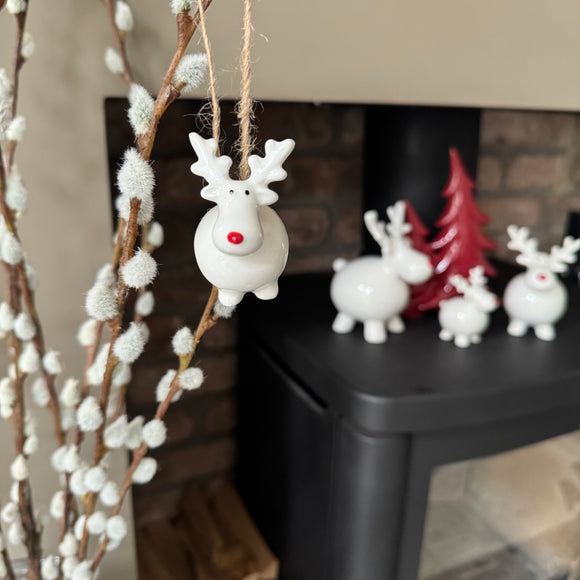 Ceramic small White fat reindeer Hanging Ornament