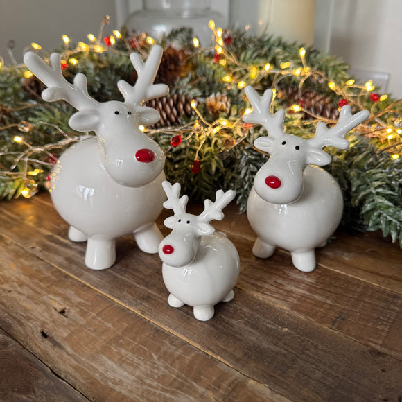 Glazed Ceramic White Fat Reindeer with a Red nose
Available in 3 sizes - Small 7.5cm, Medium 12cm  & Large 14cm 
