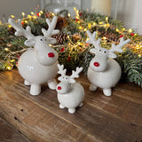 Glazed Ceramic White Fat Reindeer with a Red nose
Available in 3 sizes - Small 7.5cm, Medium 12cm&nbsp; &amp; Large 14cm&nbsp;