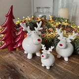 Glazed Ceramic White Fat Reindeer with a Red nose
Available in 3 sizes - Small 7.5cm, Medium 12cm&nbsp; &amp; Large 14cm&nbsp;