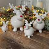 Ceramic White Fat Reindeer with Red nose - 3 Sizes