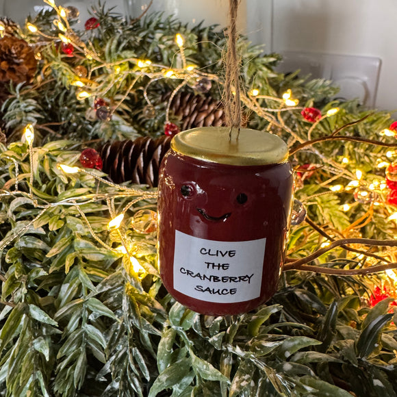 Fun Christmas ceramic Hanging Decoration
Jar of Clive the Cranberry Sauce with a smiling face 4.6cm