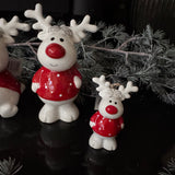 Ceramic White standing Reindeer wearing a Red jumper