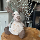 Sitting Fur Reindeer with Green Hat & Scarf 32cm