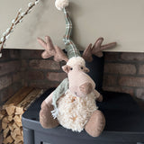 Sitting Fur Reindeer with Green Hat & Scarf 32cm