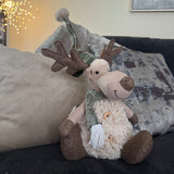 Sitting Fur Reindeer with Green Hat &amp; Scarf 32cm with a big smile