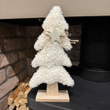 Cream curly Sherpa tall Tree standing on a wooden base with jute string &amp; wooden star for detail H28cm