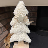 Cream curly Sherpa tall Tree standing on a wooden base with jute string &amp; wooden star for detail H28cm
