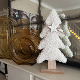 Cream curly Sherpa tall Tree standing on a wooden base with jute string &amp; wooden star for detail H28cm