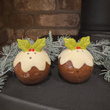 Fun Glazed Ceramic Christmas Pudding Salt and Pepper pots with a smiling face&nbsp;