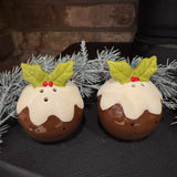 Fun Glazed Ceramic Christmas Pudding Salt and Pepper pots with a smiling face&nbsp;