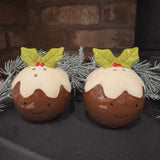 Fun Glazed Ceramic Christmas Pudding Salt and Pepper pots with a smiling face&nbsp;