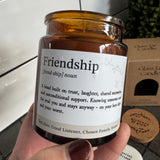 Brown Glass Jar Candle with cork top

Definition Quote - Friendship

Fragrance - A fruity, floral scent with notes of pineapple, violet &amp; caramel

Vegatable Wax - 35 hour burn time