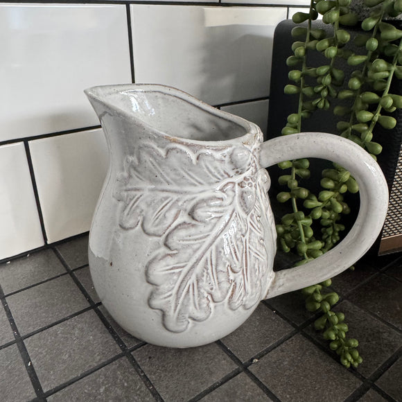 Small H15cm distressed neutral Jug with acorn & leaves design