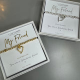 Life Charms the Thoughtful Jewellery Co.


Just Because Pure Gold plated Bracelet;
Charm - Gold plate open heart &amp; crystal charm
Quote - My Friend&nbsp; &nbsp;You are a fabulous friend&nbsp;x.