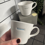 Keith Brymer Jones Word Range Medium Bucket White Porcelain Mug 350ml with handstamped quote
Colour font - Blue
Quote - knobhead