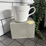 Keith Brymer Jones Word Range Medium Bucket White Porcelain Mug 350ml with handstamped quote
Colour font - Red
Quote - Love