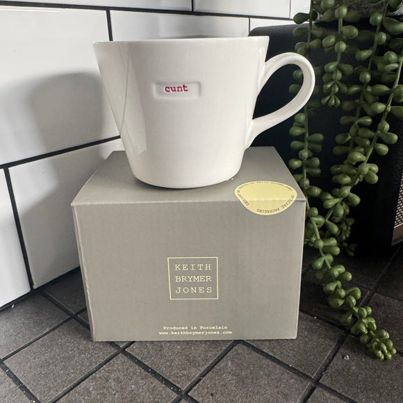 Keith Brymer Jones Word Range Medium Bucket White Porcelain Mug 350ml with handstamped quote
Colour font - Classic Red
Quote - Cunt