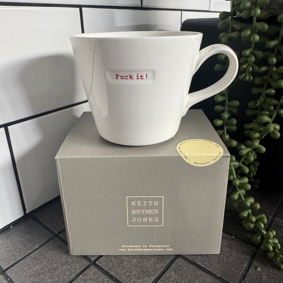 Keith Brymer Jones Word Range Medium Bucket White Porcelain Mug 350ml with handstamped quote
Colour font - Classic Red
Quote - Fuck it!