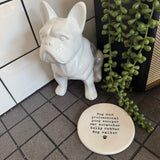 White glazed Ceramic Round Coaster 10cm with black text
Quote - 'Dog mum professional poop scooper ear scratcher belly rubber dog walker' with paw print illustration