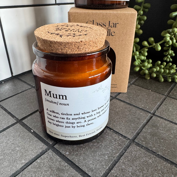 Brown Glass Jar Candle with cork top

Definition Quote - Mum

Fragrance - A fruity, floral scent with notes of pineapple, violet & caramel T

Vegatable Wax - 35 hour burn time

Mum (muhm) noun

A selfless, tireless soul whose love knows no bounds.  One who can fix anything with a hug and always knows where things are.  A person who makes every day brighter just by being there. 

See also: Superhero, Best Friend, Home