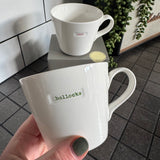 Keith Brymer Jones Word Range Medium Bucket White Porcelain Mug 350ml with handstamped quote
Colour font - Green
Quote - bollocks