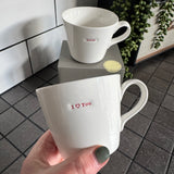 Keith Brymer Jones Word Range Medium Bucket White Porcelain Mug 350ml with handstamped quote
Colour font - Red
Quote - I (heart shape) you