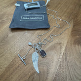 Eliza Gracious - Silver long ball bead Necklace with Angel wing pendant