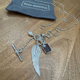 Eliza Gracious - Silver long ball bead Necklace with Angel wing pendant