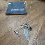 Eliza Gracious - Silver long ball bead Necklace with Angel wing pendant