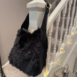 High quality Faux Fur Bag 30cm with a dark brown vegan leather detail &amp; handle
Colour - Ebony Black