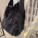 Faux Fur Bag with leather detail & strap - Ebony Black