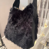 Faux Fur Bag with leather detail & strap - Ebony Black