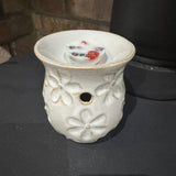 Ceramic Wax/Oil Burner 9.5cm in distressed off white with a Flower pattern with a simple glaze rustic finish