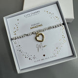 Life Charms the Thoughtful Jewellery Co.


Just Because Silver &amp; Gold plated Bracelet Collection;
Charm -&nbsp;gold open heart
Quote - For my amazing Mum