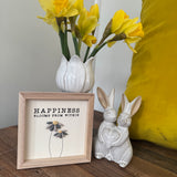 Small Hanging Wooden 13cm square Sign
Quote as follows; 'Happiness blooms from within'
Illustration of two Pebble Flowers