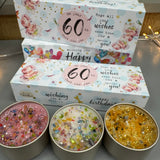 Just Because 3 Lites Collection - 3 fragrances with sprinkles of glitter &amp; tiny gems for that pretty finishing touch..&nbsp;
Quotes on the colourful gift box with image of keys read;
On your 60th just for you..
Hope all your wishes come true..for a special you!
Wishing you a very... Happy Birthday&nbsp;