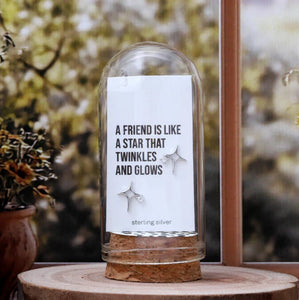 Attic Creations - giftings life's precious moments since 2010;
Message in a Bottle Sterling Silver Earrings handmade in Devon
Style - Silver star shaped stud earrings&nbsp;
Quote on the card - 'Friendship is like a star that twinkles and glows'