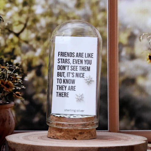 Attic Creations - giftings life's precious moments since 2010;
Message in a Bottle Sterling Silver Earrings handmade in Devon
Style - Silver star shaped stud earrings 
Quote on the card - 'Friends are like stars, even if you don't see them, it's nice to know they are there'