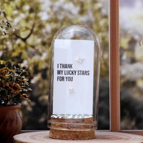 Attic Creations - giftings life's precious moments since 2010;
Message in a Bottle Sterling Silver Earrings handmade in Devon
Style - Silver  north star shaped stud earrings 
Quote on the card - 'I thank my lucky stars for you'