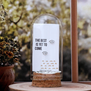 Attic Creations - giftings life's precious moments since 2010;
Message in a Bottle Sterling Silver Earrings handmade in Devon
Style - Silver Retro Evil Eye shaped stud earrings&nbsp;
Quote on the card - 'The Best is Yet to come'