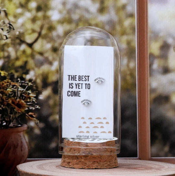 Attic Creations - giftings life's precious moments since 2010;
Message in a Bottle Sterling Silver Earrings handmade in Devon
Style - Silver Retro Evil Eye shaped stud earrings 
Quote on the card - 'The Best is Yet to come'