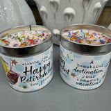 Just Because Tin Candle Collection with sprinkles of white glitter &amp; rainbow coloured gems on the top for that pretty finishing touch..


Meaningful quotes on the tin candle;
Wishing you a very Happy Retirement you deserve it!
A beautiful destination, your longest vacation!